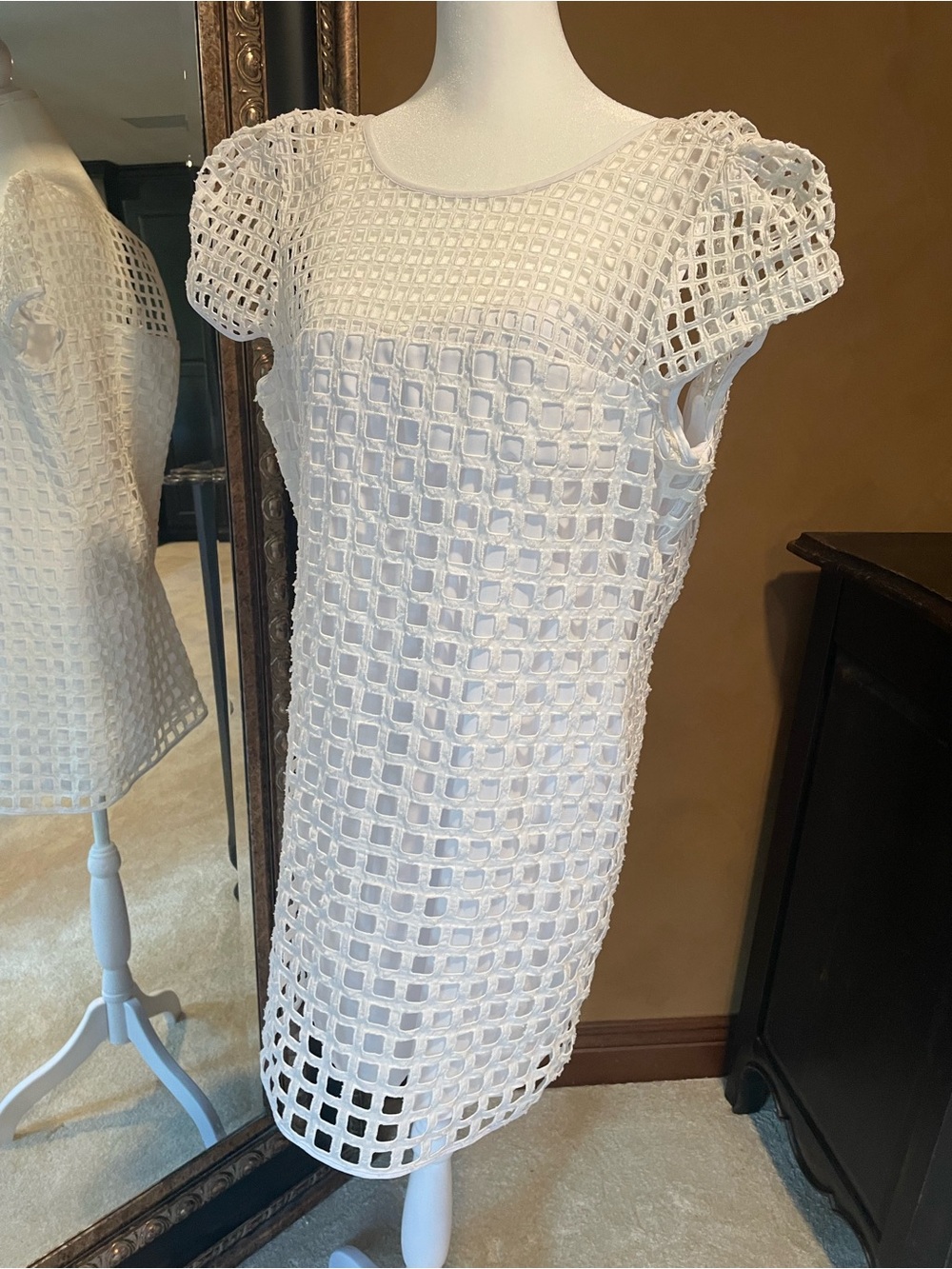 Milly of New York White Openwork Grid Mini Dress